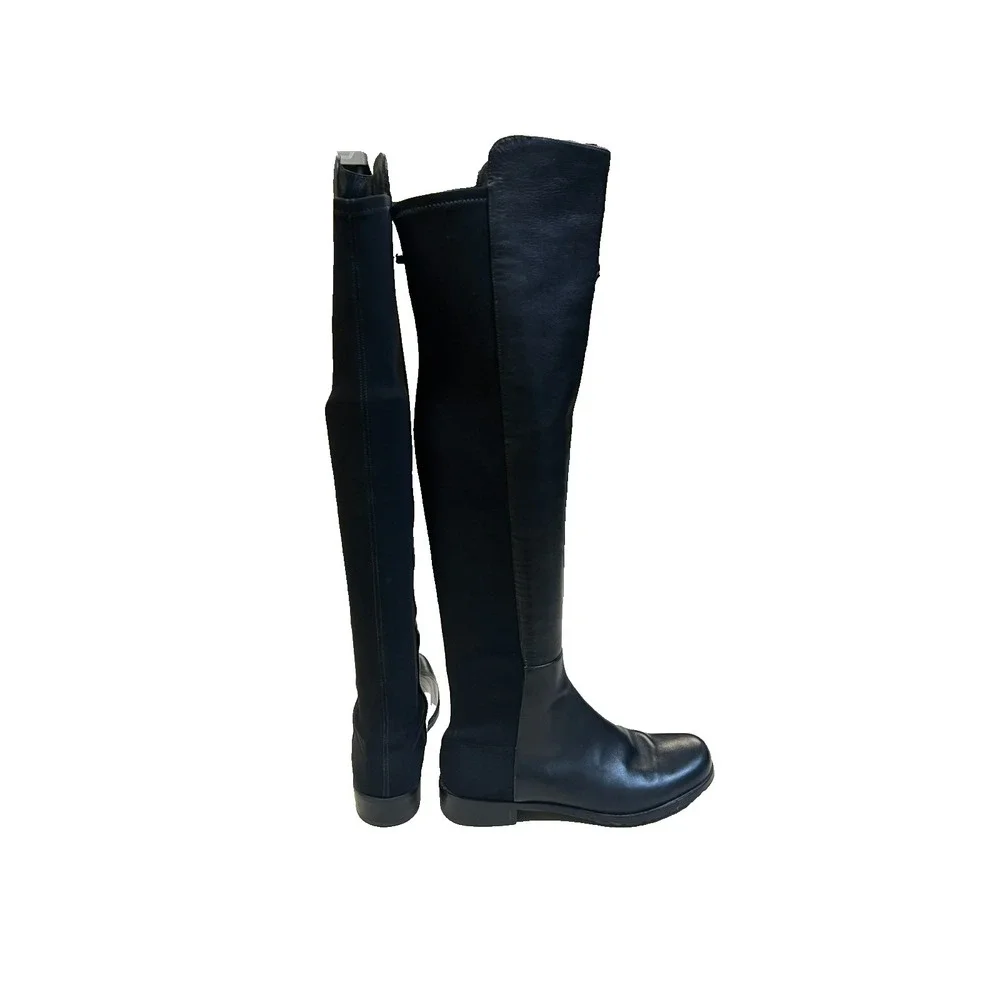 Stuart Weitzman 50/50 Over the Knee Boots Black Leather /Stretch Low Heel SZ 7.5